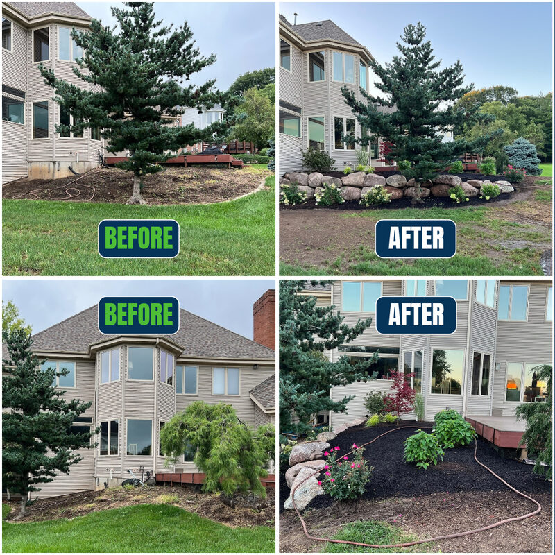 before and after comparisons of landscape transformed with large boulders