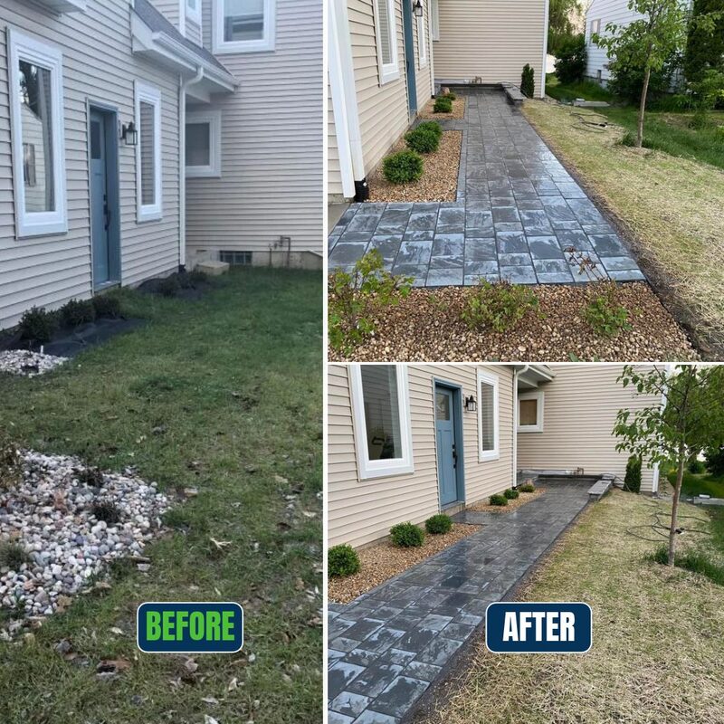 before and after comparison of a stone path walkway